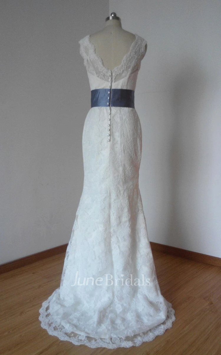 Sheath V-Back Ivory Lace Long Wedding Dress With Grey Sash and Back Buttons