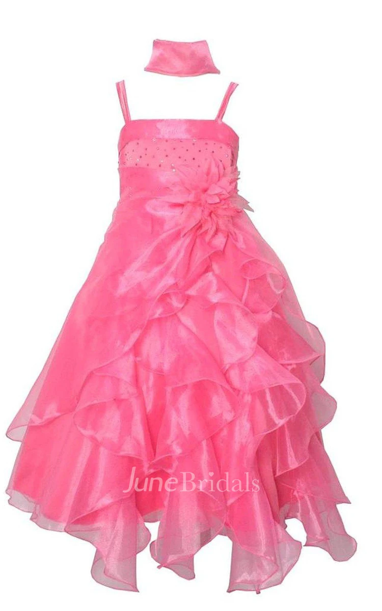 Sleeveless A-line Ruffled Dress With Flower and Straps