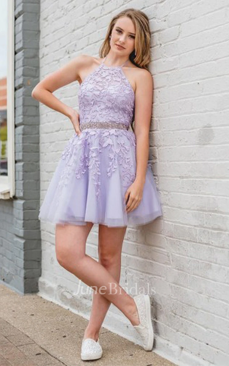 Casual A Line Halter Lace Tulle Sleeveless Short Homecoming Dress With Appliques