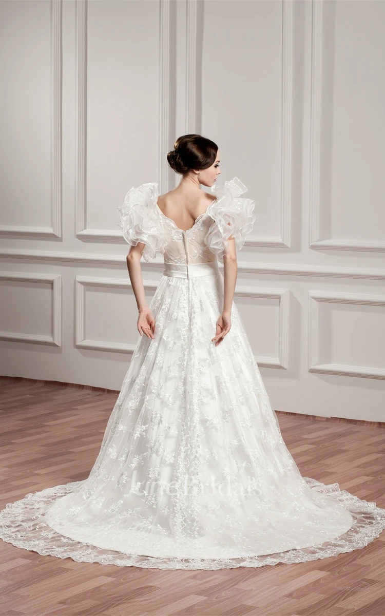 Plunged Ruffled A-Line Gown with Lace and Court Train