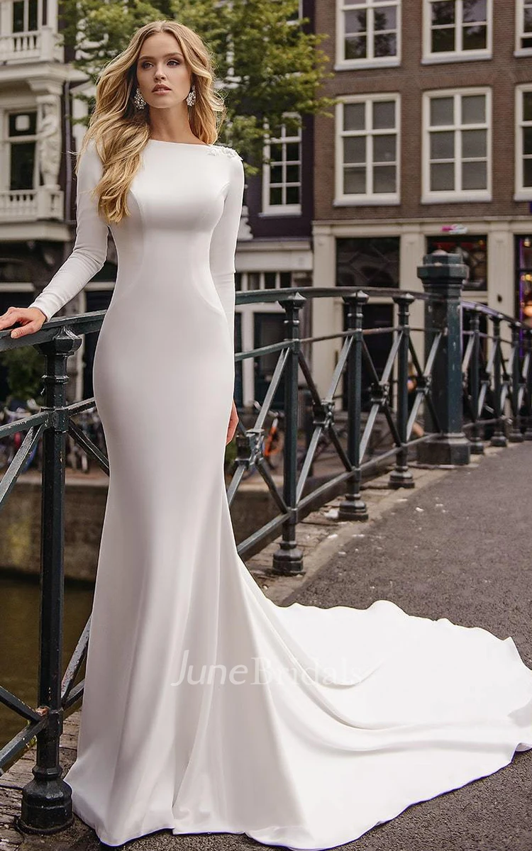 Ethereal Satin Bateau Mermaid Court Train Wedding Dress with Beading