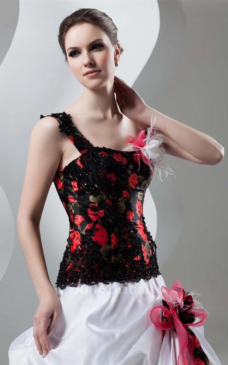 Floral One-Shoulder Pick-Up Gown with Beading and Appliques