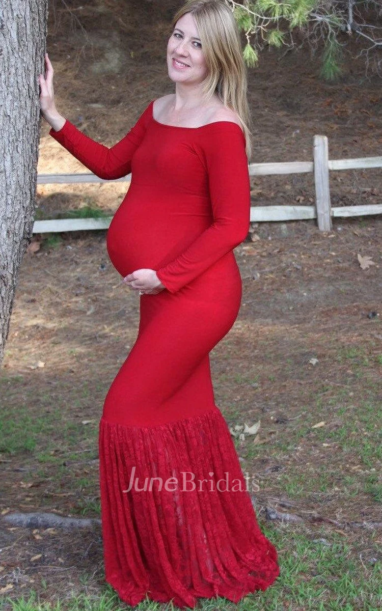 Mermaid Bell Sleeve Lace&Jersey Maternity Dress