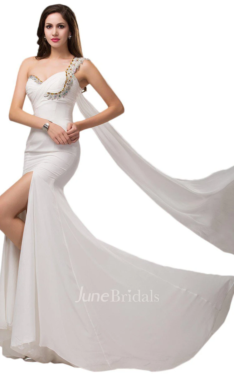 One-shoulder Chiffon Dress With Crystal Detail