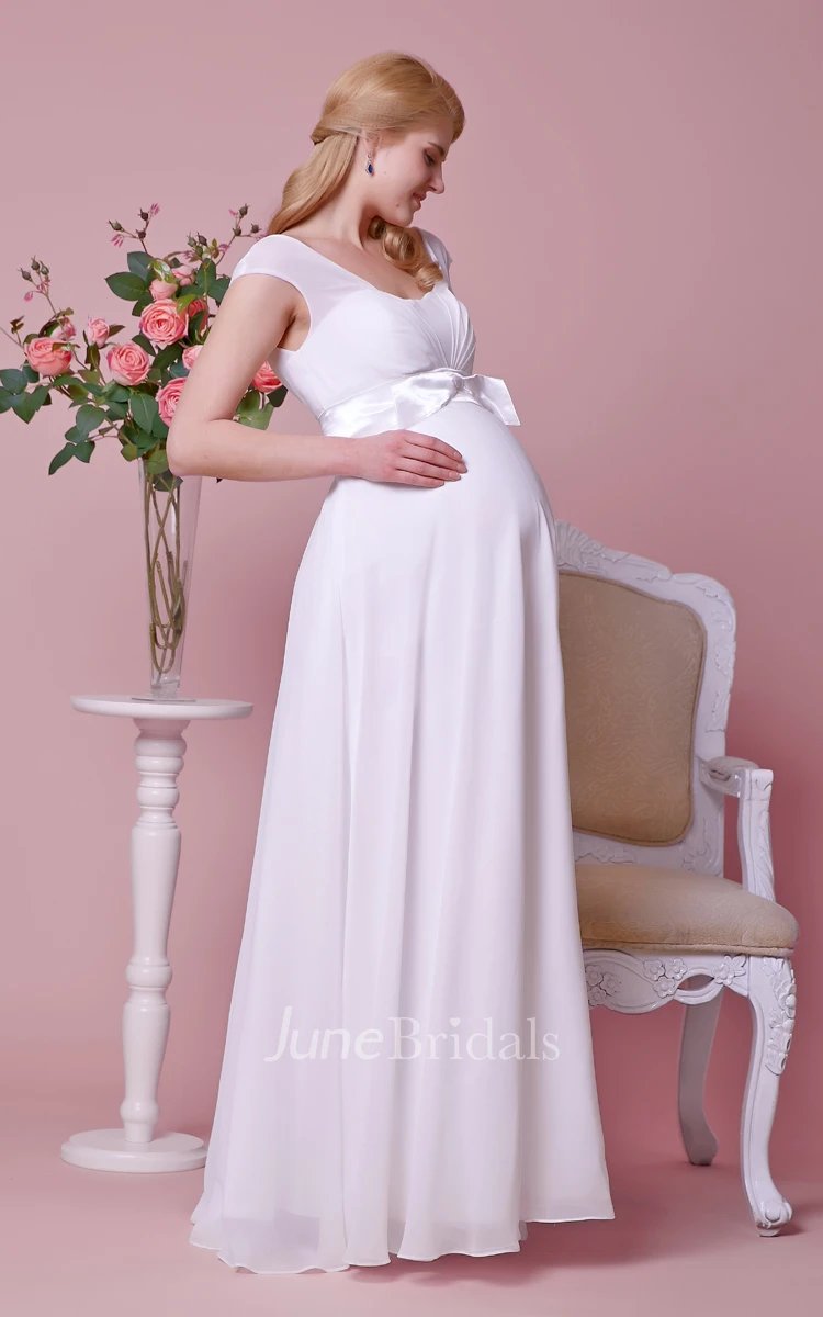 Graceful Empire Cap-sleeved Allover Chiffon Maternity Wedding Dress With Bow