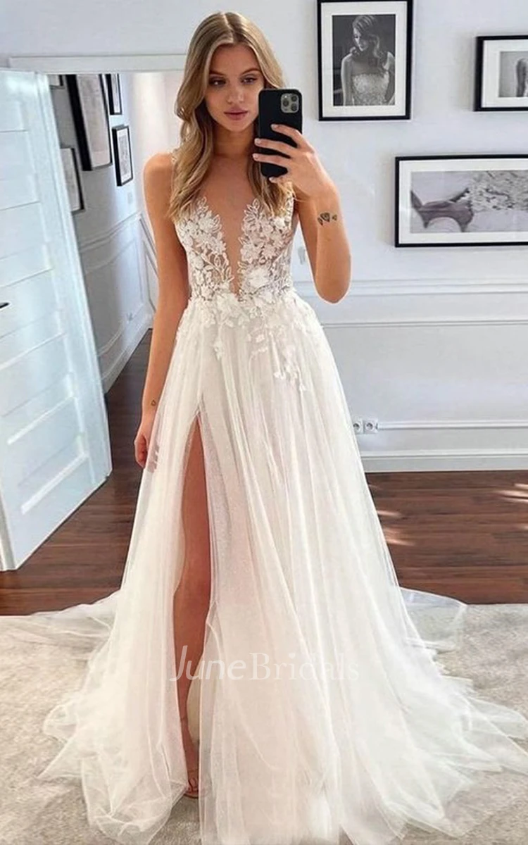 Classy Plunge V neck Lace Wedding Dress