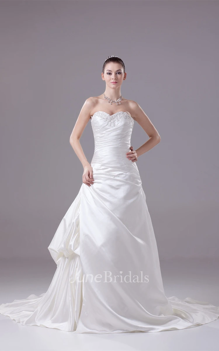 Sweetheart A-Line Beaded Ruched Satin Gown with Beadings and Ruffles