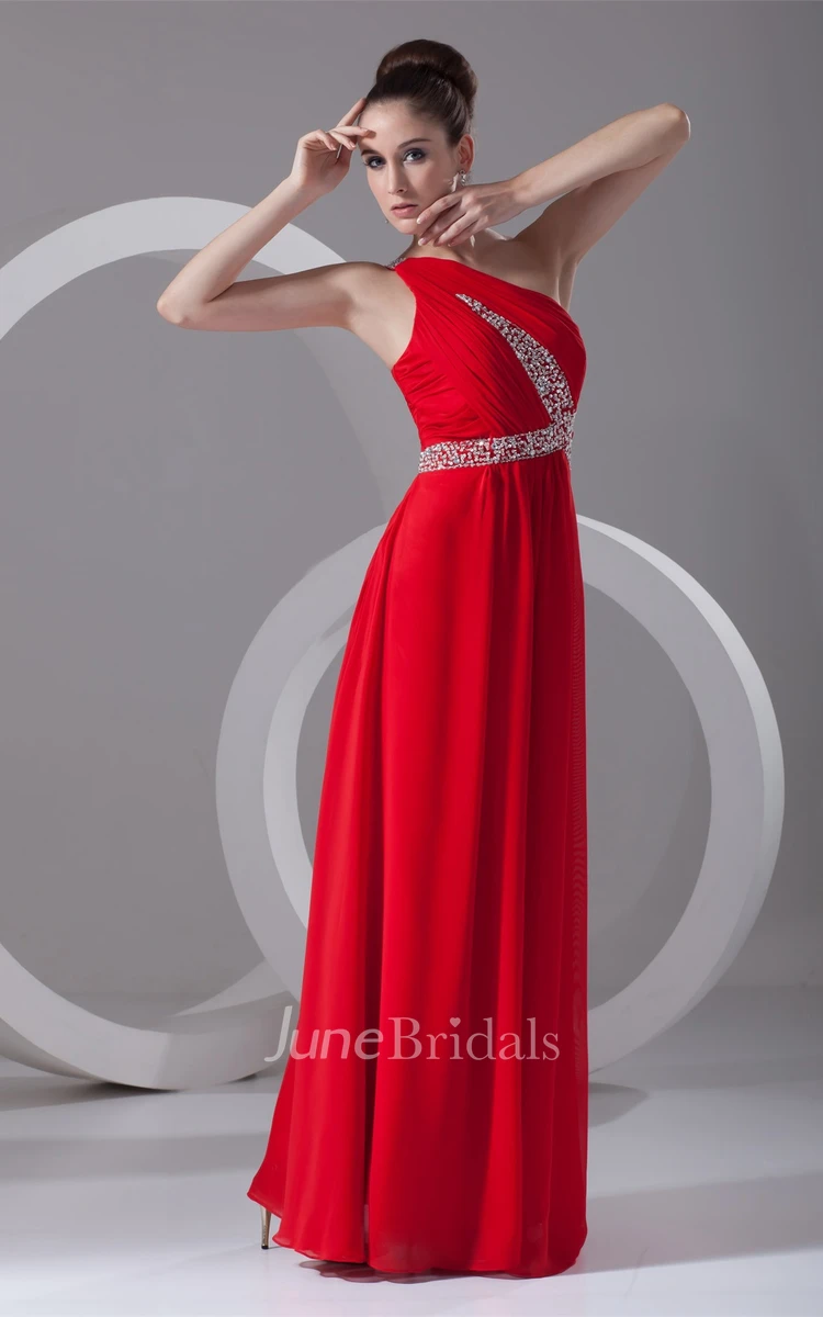 one-shoulder ankle-length chiffon dress with cross beading and ruching