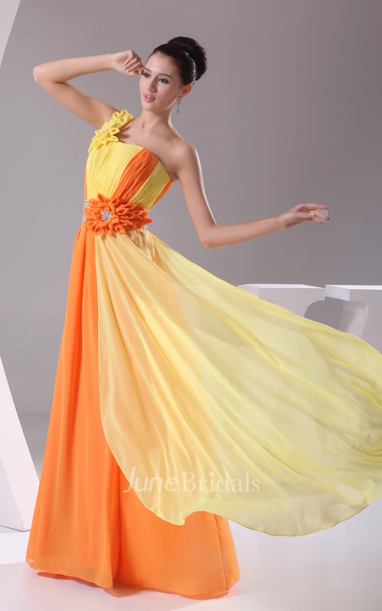 Mute-Color Floor-Length Chiffon Dress With Flower and Single Strap