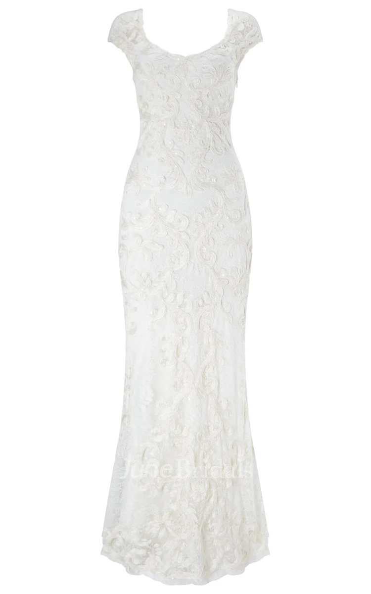 Sheath V-Neck Cap-Sleeve Lace Wedding Dress With Embroidery