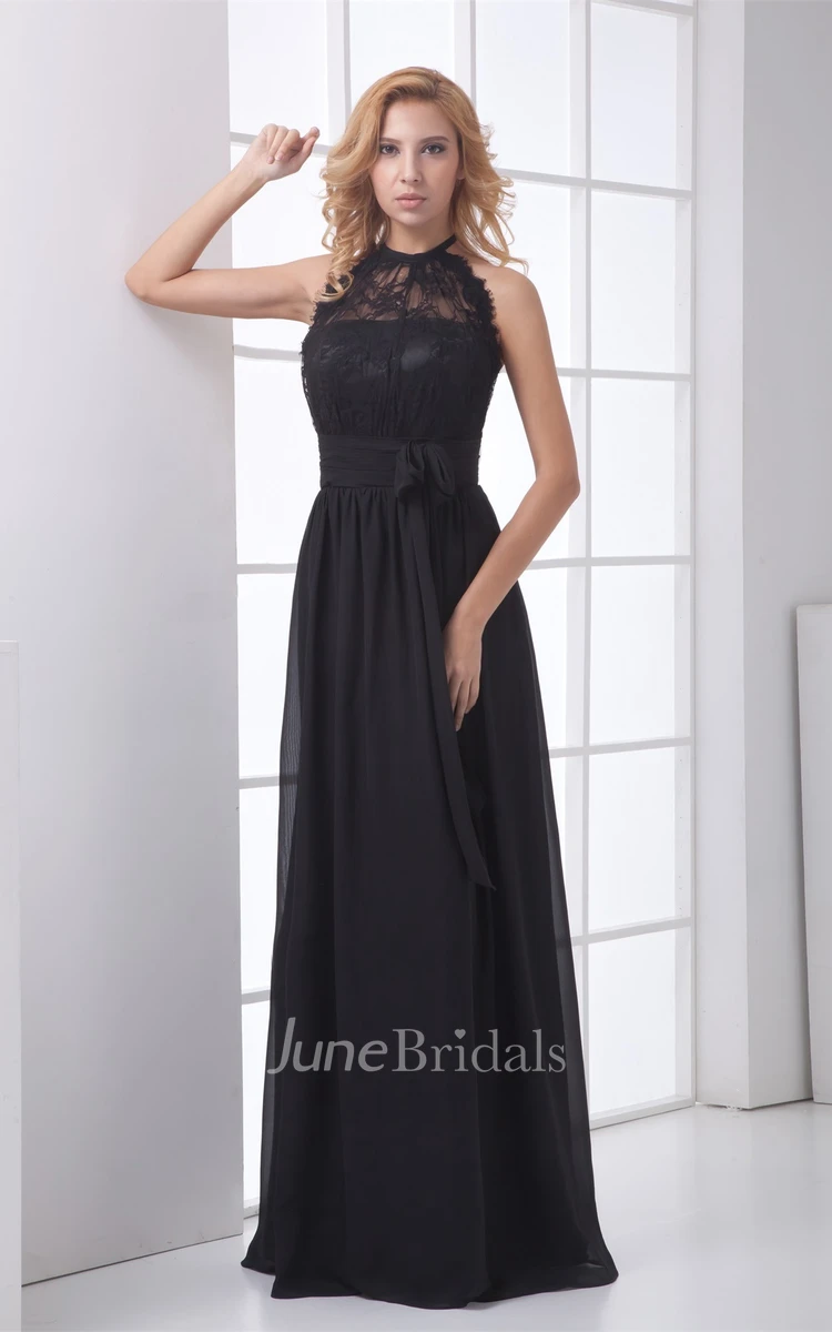 High-Neck Lace Sleeveless Floor-Length Dress with Bow