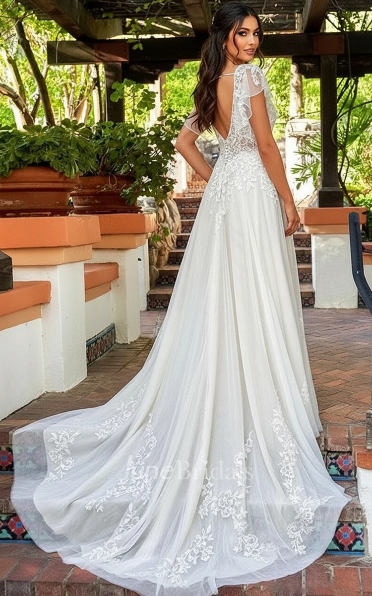 Boho Lace A Line Wedding Dress Vintage Flutter Sleeves V Neck Bridal Gown