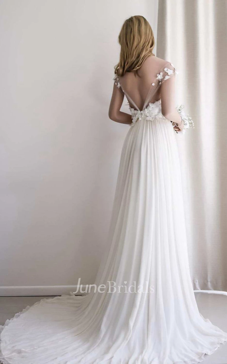 Sweetheart Cap-Sleeve Chiffon Pleated Wedding Dress With Floral Appliques And Sweep Train