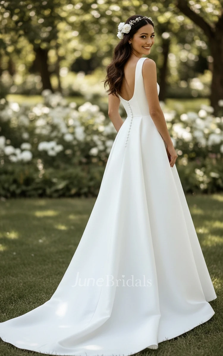 Minimalist Square Neck Wedding Dress Sleeveless A-Line Satin Bridal Gown