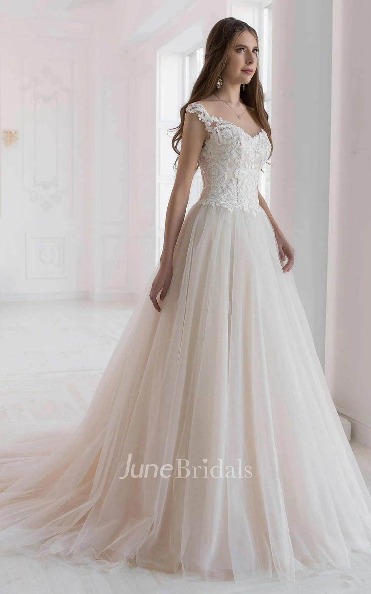 A-Line Tulle Cap-Sleeve Illusion Wedding Dress With Appliques