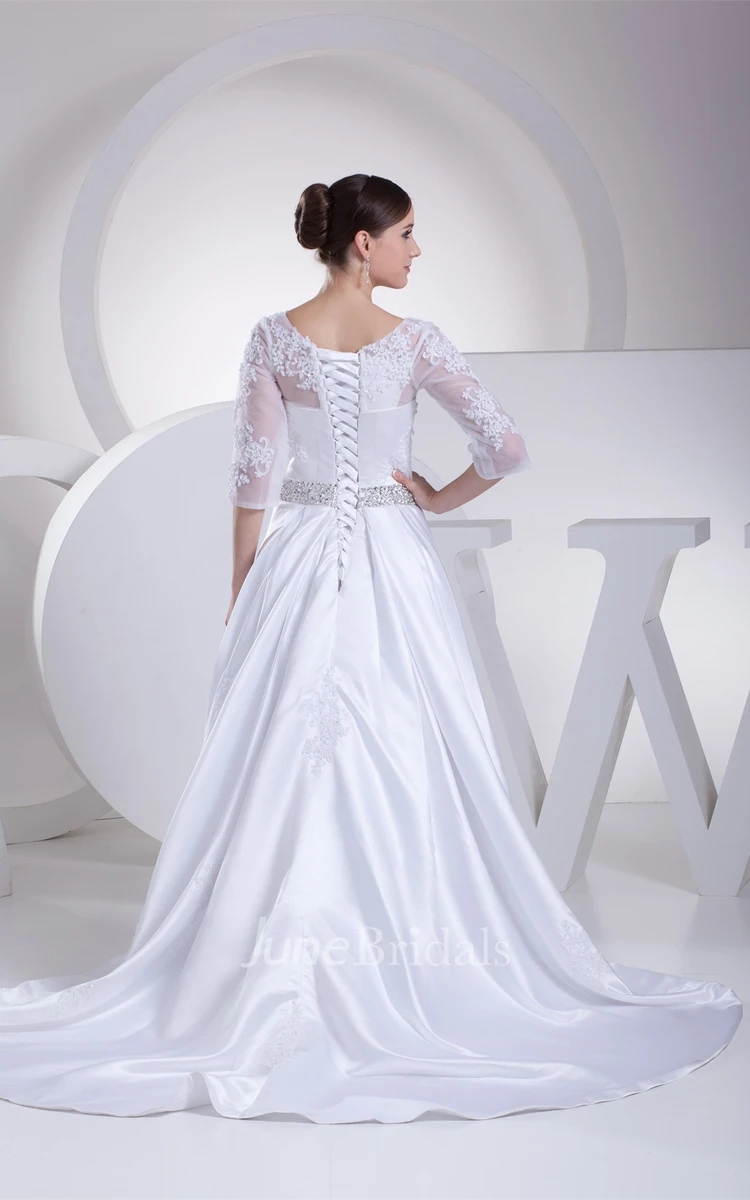 Long A-Line 3-4-Length Satin Sleeve Dress with Lace Illusion and Beading Belt