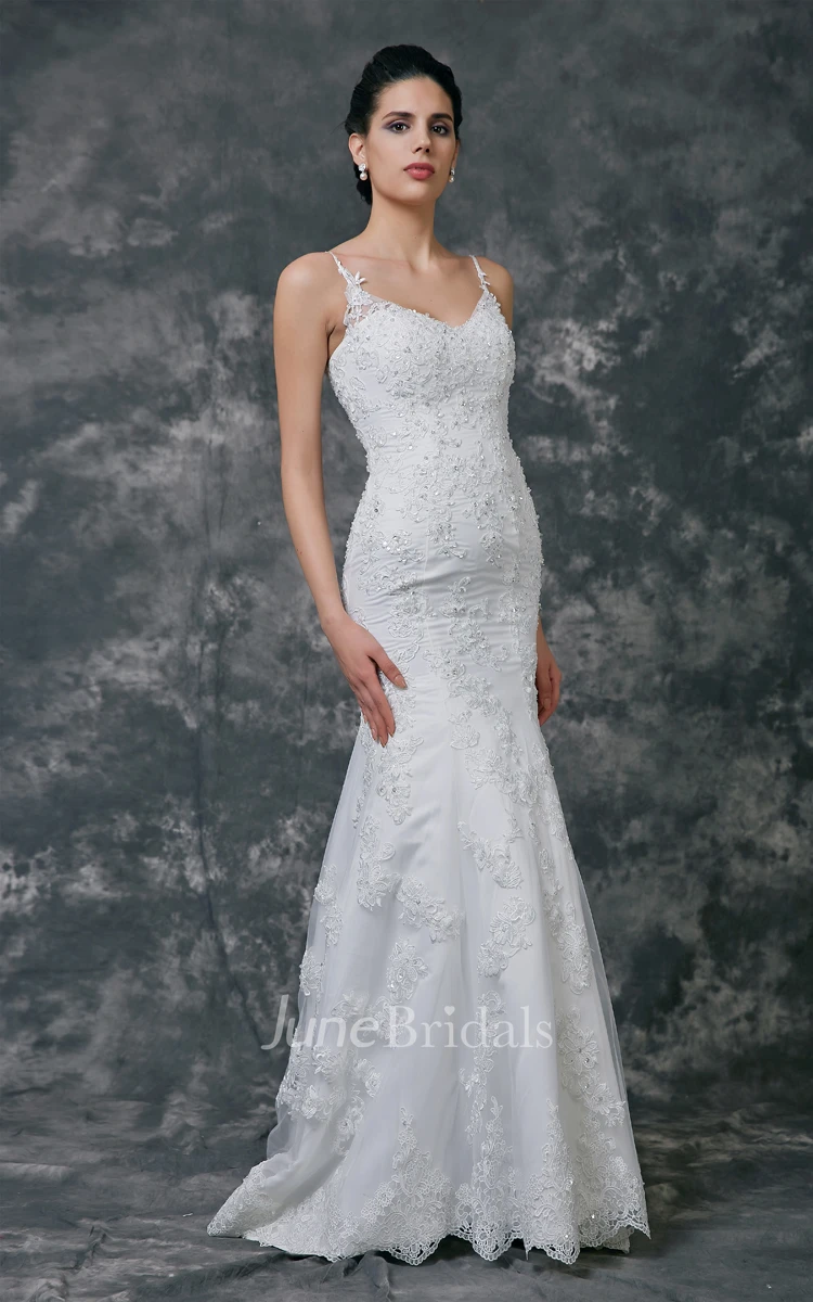 Lace V-Neck Sheath Dress With Spaghetti Straps and Beadings