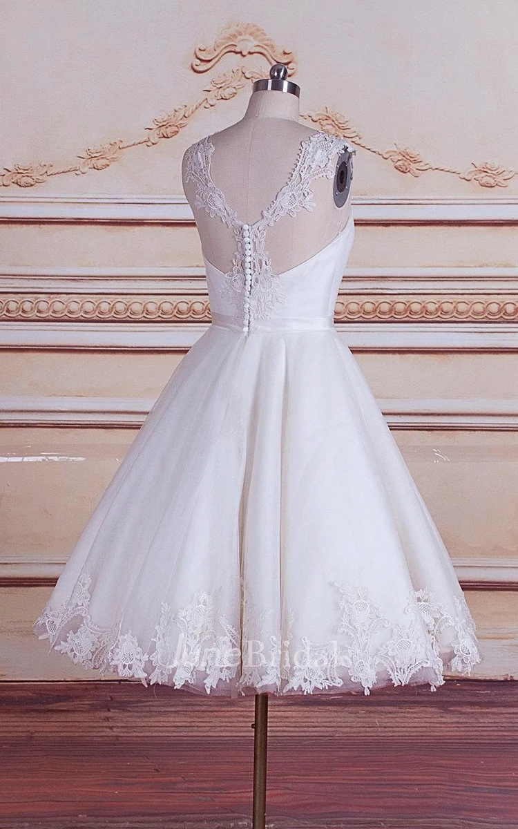 A-Line Mini Tea-Length Tulle Lace Satin Weddig Dress