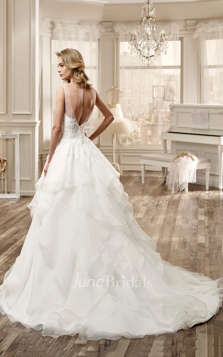 Jewel-Neck High-Low Wedding Dress With Cascading Ruffles And Beaded Bodice