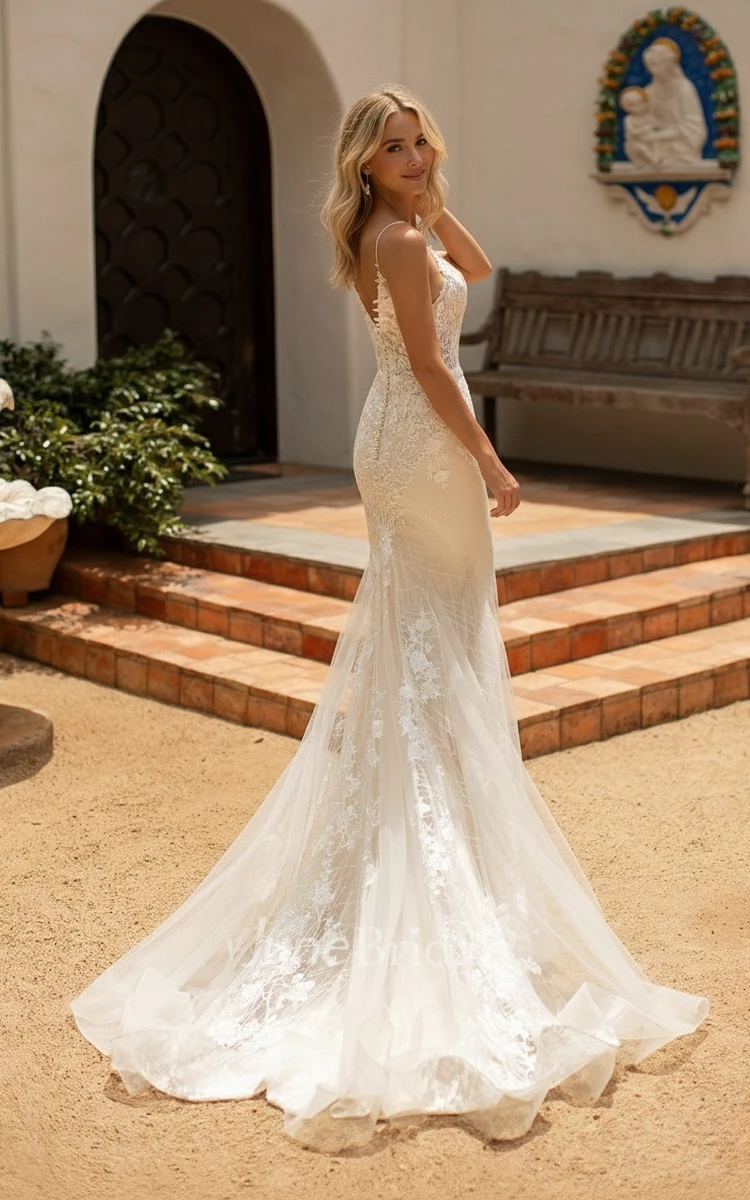 Boho Lace Mermaid Wedding Dress with Spaghetti Straps for Beach & Destination Weddings