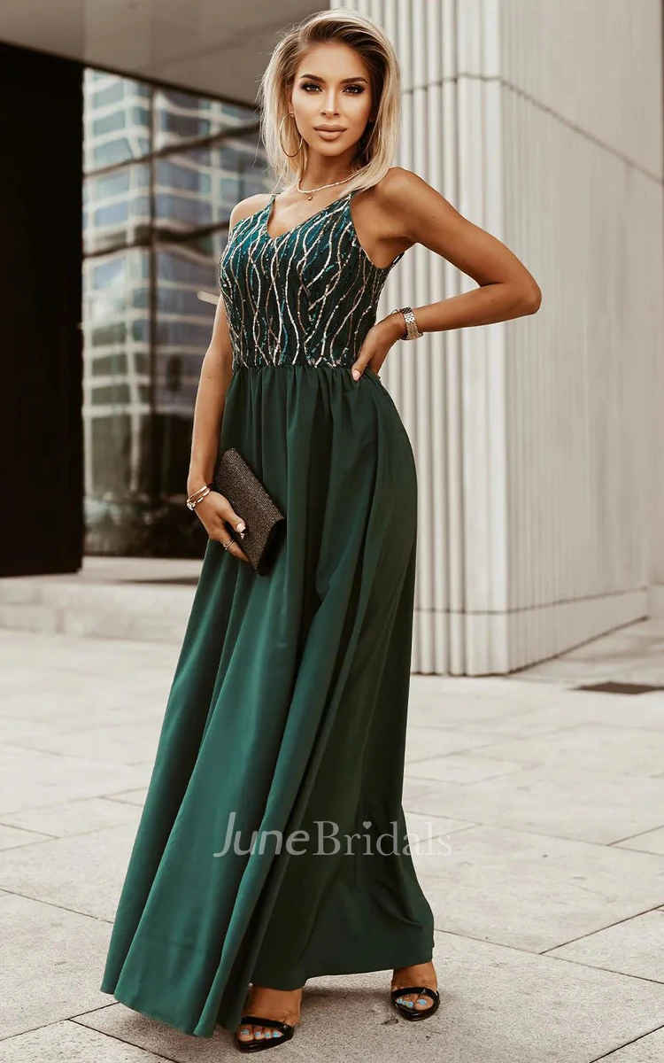 Casual A-Line V-neck Evening Dress With Sequins And Open Back