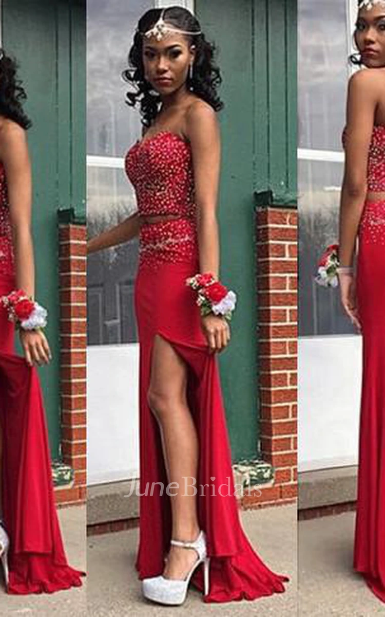 Sexy Beadings Front Split Red Prom Dress Two Piece