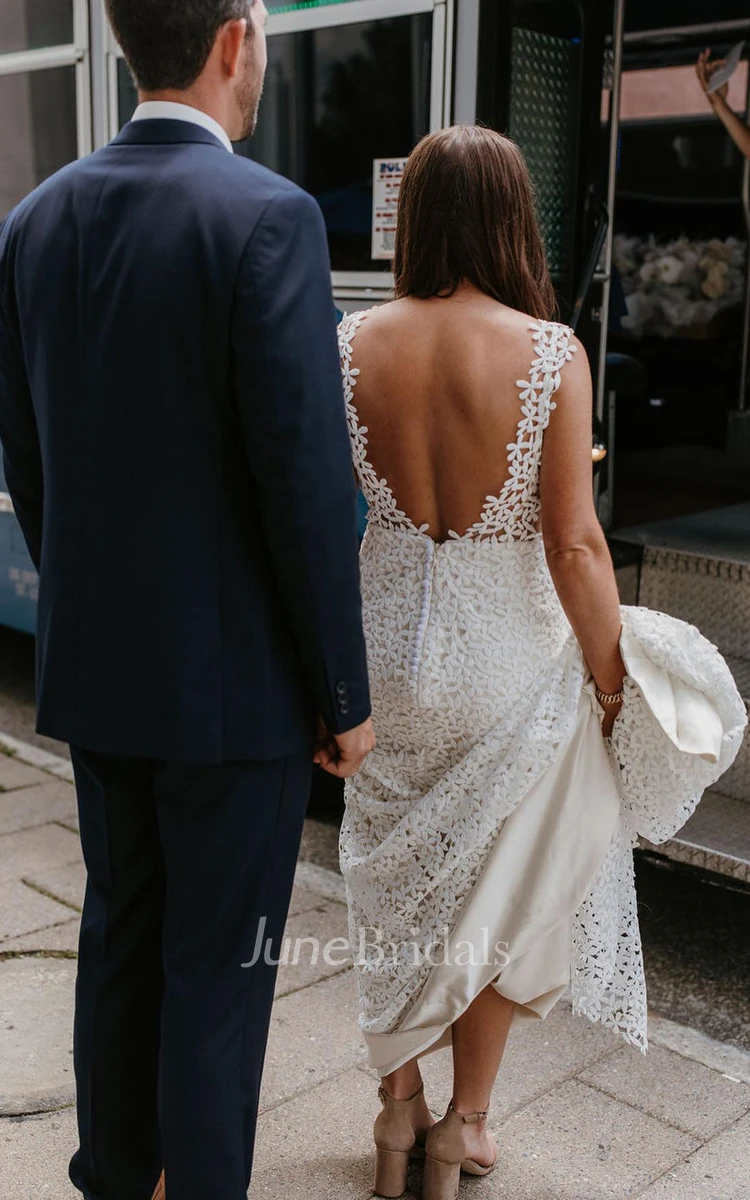 Romantic Trumpet Lace Wedding Dress With Deep-V Back And V-neck 