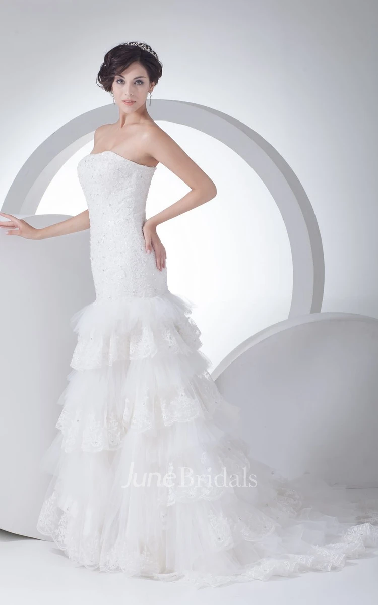 Intricate Strapless Column Dress With Tiers and Beaded Bodice