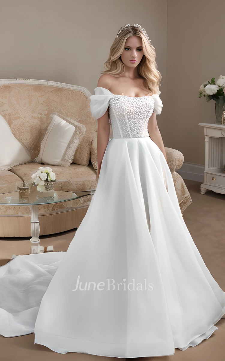 Elegant Modest A-Line Off-the-Shoulder Pearl Wedding Dress Whimsical Princess Beach Garden Corset Back Bridal Gown with Train