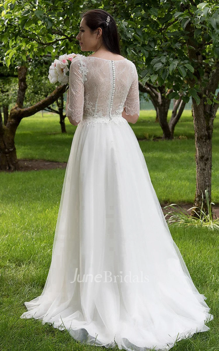Long A-Line Tulle and Lace Wedding Dress With Elbow Sleeves
