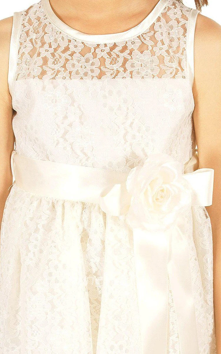 Sleeveless A-line Lace Dress With Flower and Illusion Neck