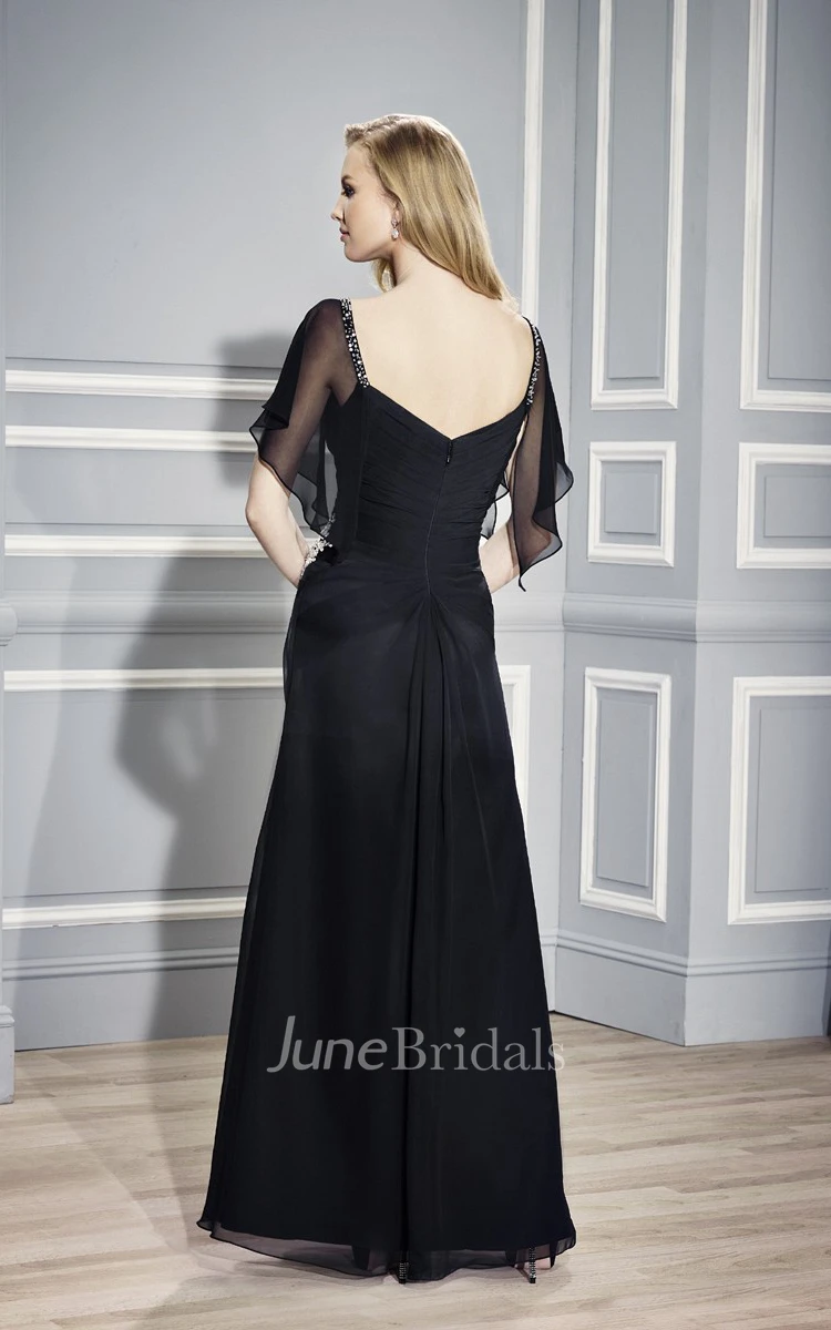 Chiffon Criss cross Poet-sleeve Mother of the Bride Dress With Beading