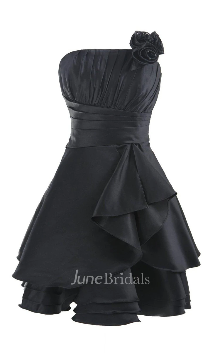 Strapless A-line Pleated Dress With Bow and Flower