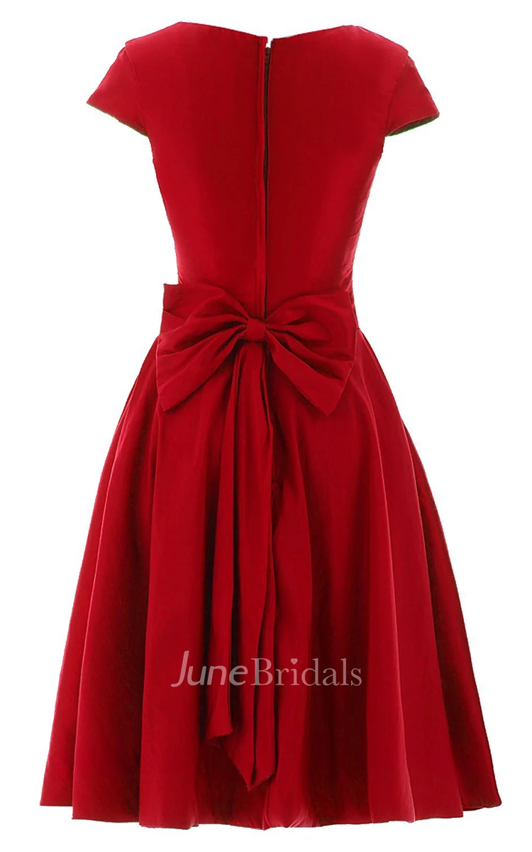 Short-Sleeve A-line Pleated Dress With Bow