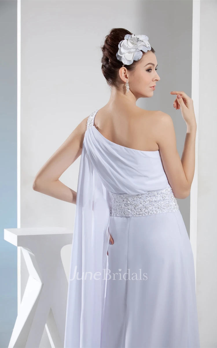 Side Draping One-Shoulder A-Line Dress with Beadings and Brush Train