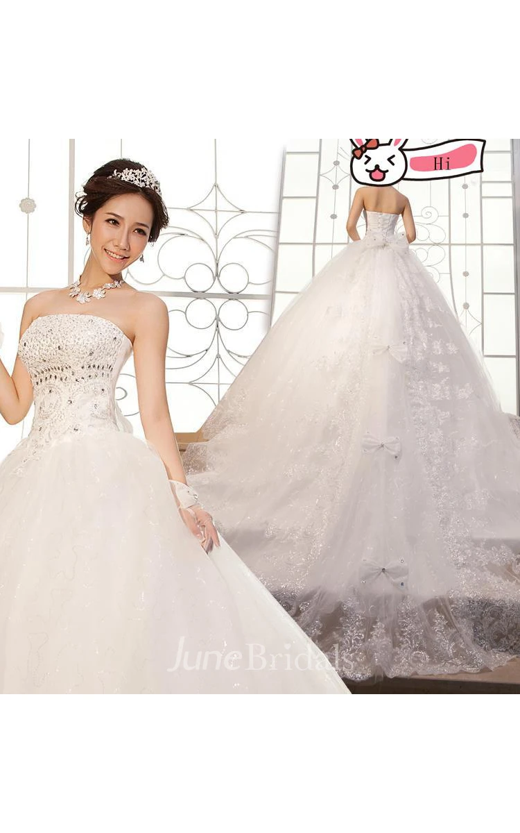 Gorgeous Strapless Beadings Crystal Wedding Dresses Lace-up Tulle Lace Bridal Gown
