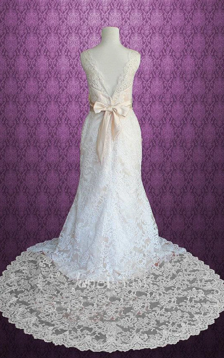 Scalloped Deep-V Back Sheath Long Lace Wedding Dress With Sash And Bow