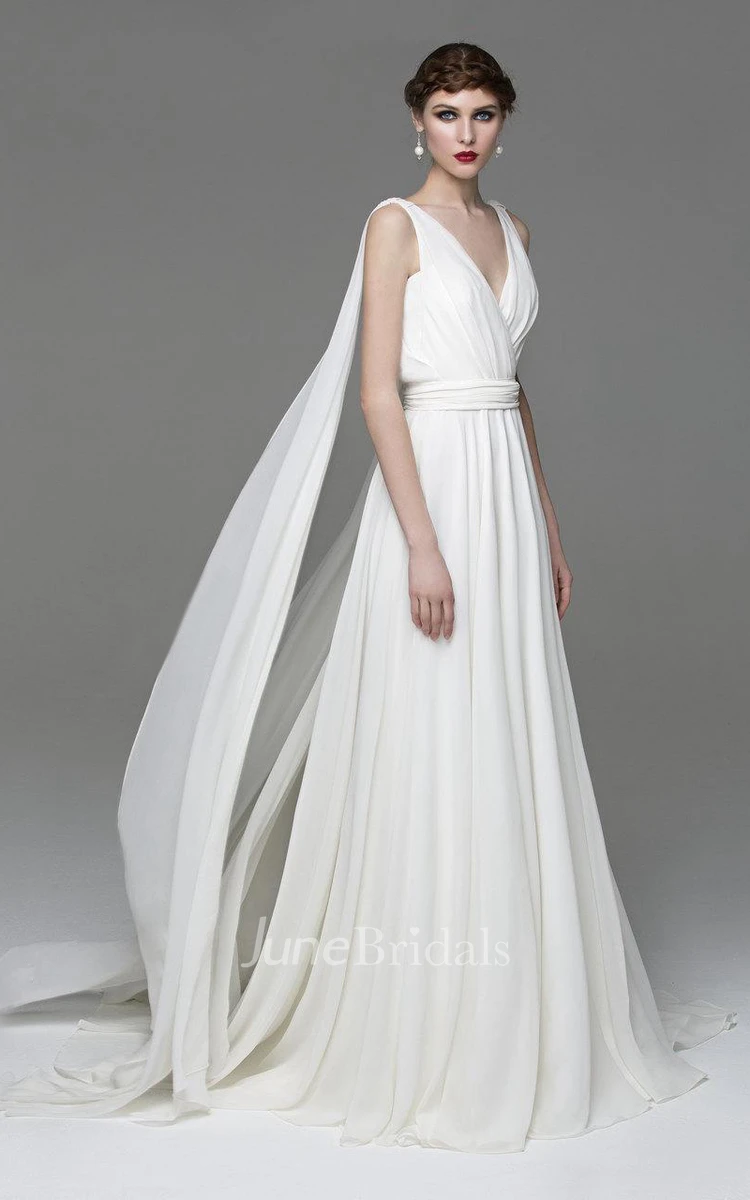 Greek V Neck Sleeveless A Line Chiffon Wedding Dress With Watteau Train