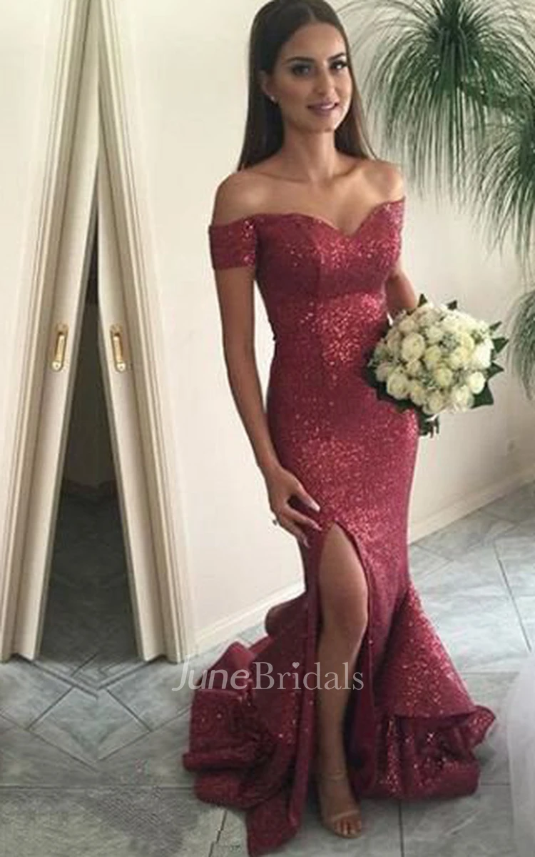 Sexy Off Shoulder Sparkle Red Sequined Mermaid Prom Dress