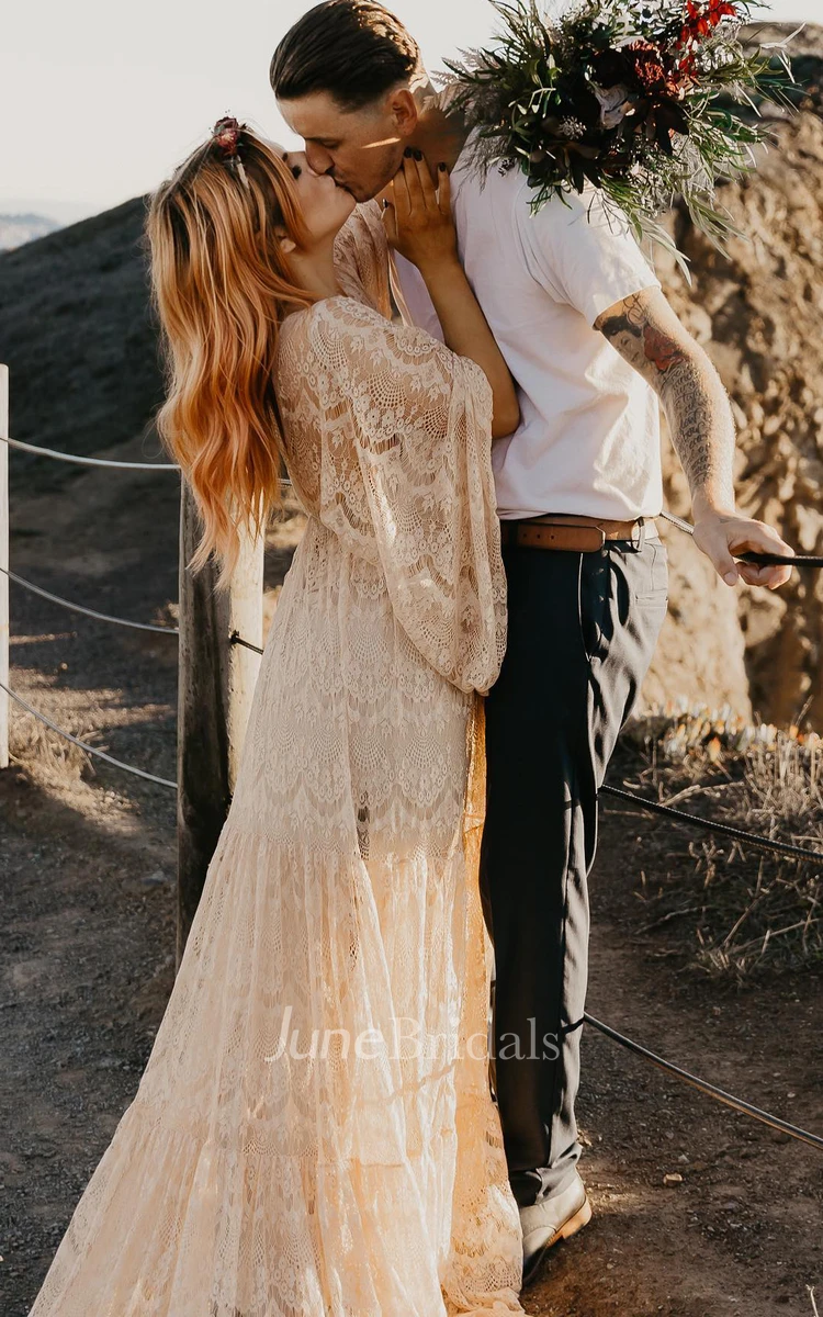A-Line V-neck Lace Simple Wedding Casual Sexy Bohemian Romantic Adorable Garden With Deep-V Back And Illusion Long Sleeves 