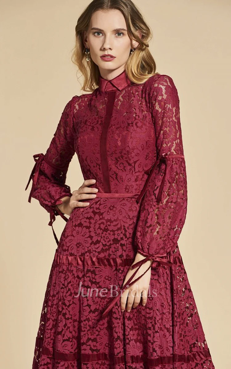 3/4 Sleeve Vintage Lace High Neck Sheath Dress With Bows Appliqued