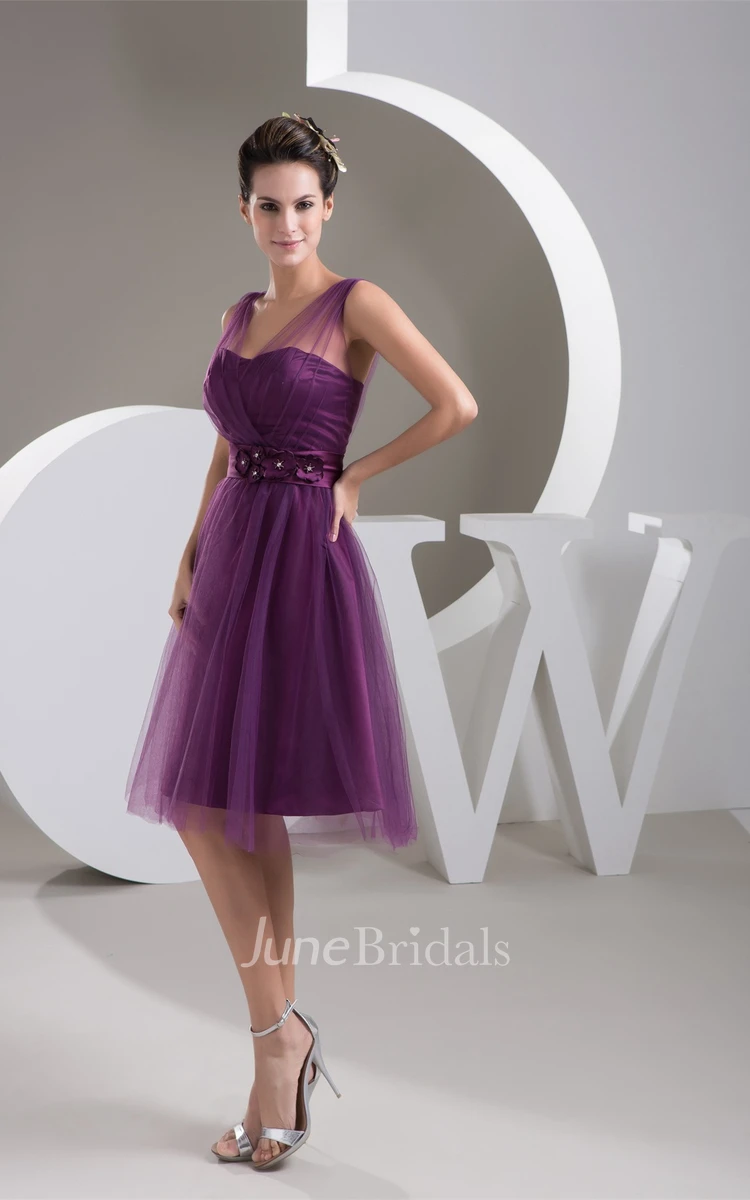 Strapped Tulle Knee-Length Dress with Floral Waist