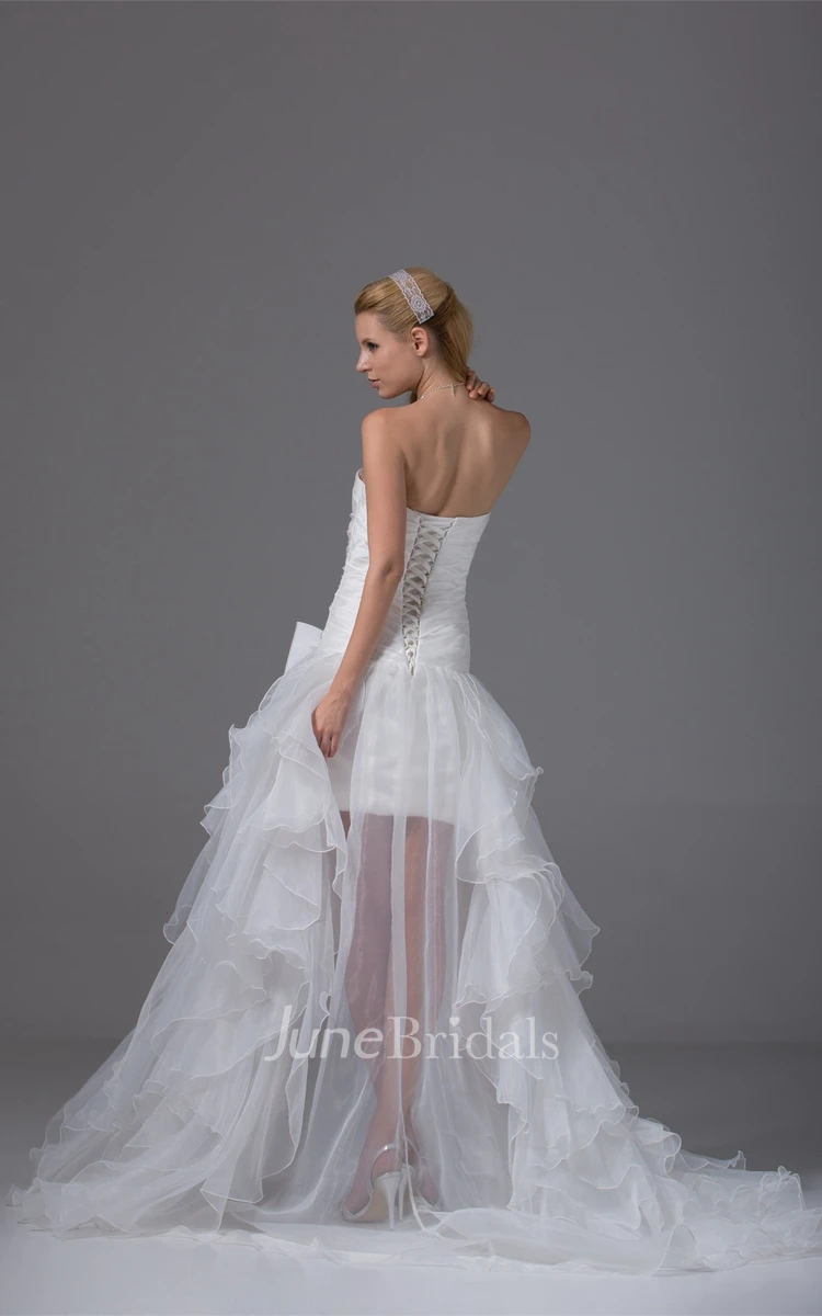 Strapless High-Low Ruffled Dress with Ruching and Bow