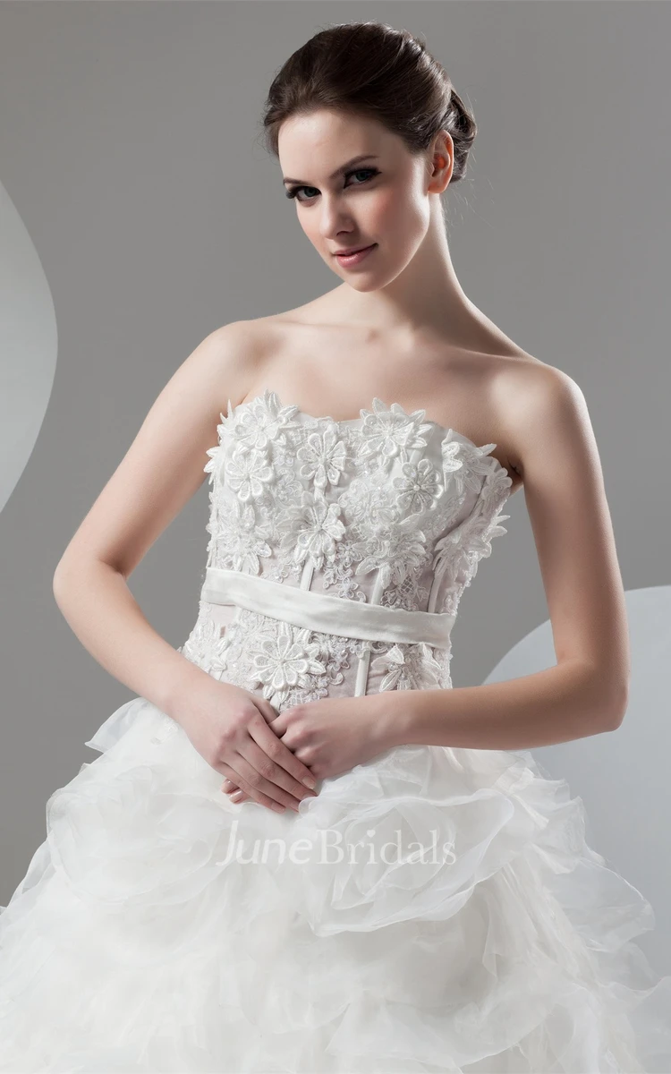 Strapless Ruffled Ball Gown with Flower and Appliques