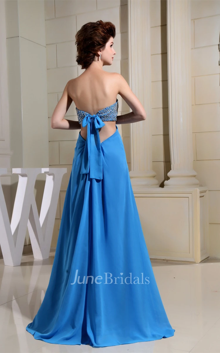 Strapless Front-Split Pleated Dress with Bowknot and Gemmed Top