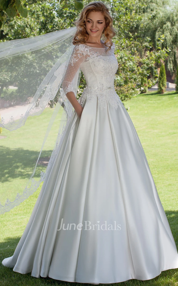 Scoop Belt 3/4 Sleeves Satin Beading Crystals Wedding Dress Scoop Belt 3/4 Sleeves Satin Beading Crystals Wedding Dress