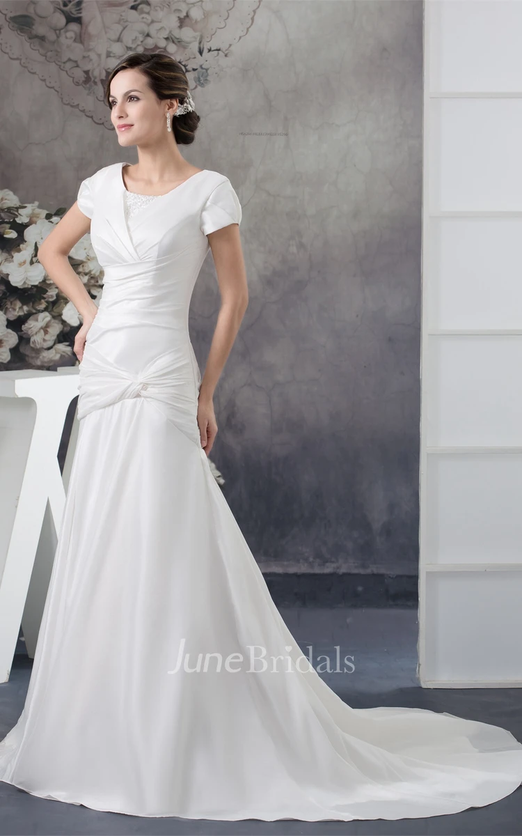 Scoop-Neckline Short-Sleeve Taffeta Gown with Criss-Cross and Beadings