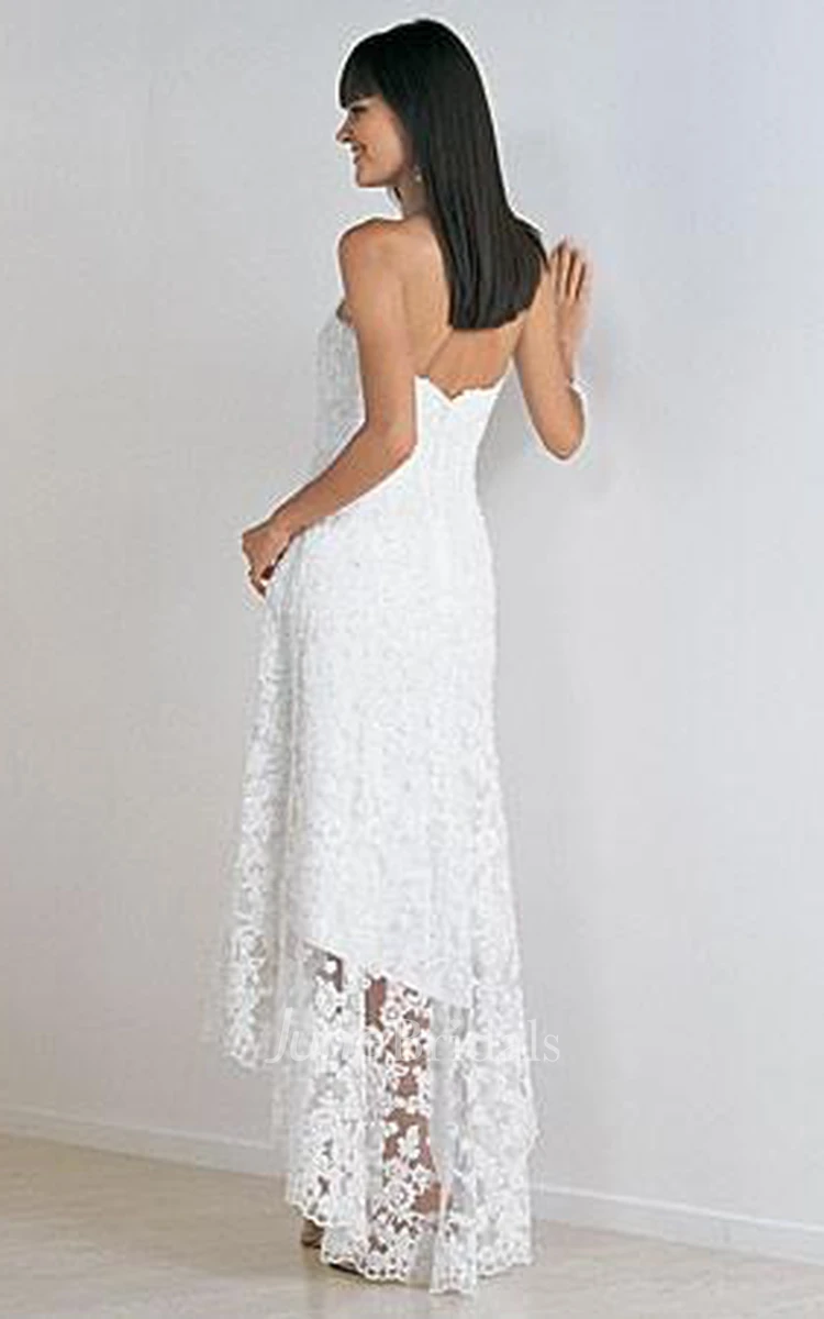 Gorgeous Floral Beach Boho Lace Sheath Wedding Dress Chic Sexy Column Strapless Asymmetry-Length Bridal Gown