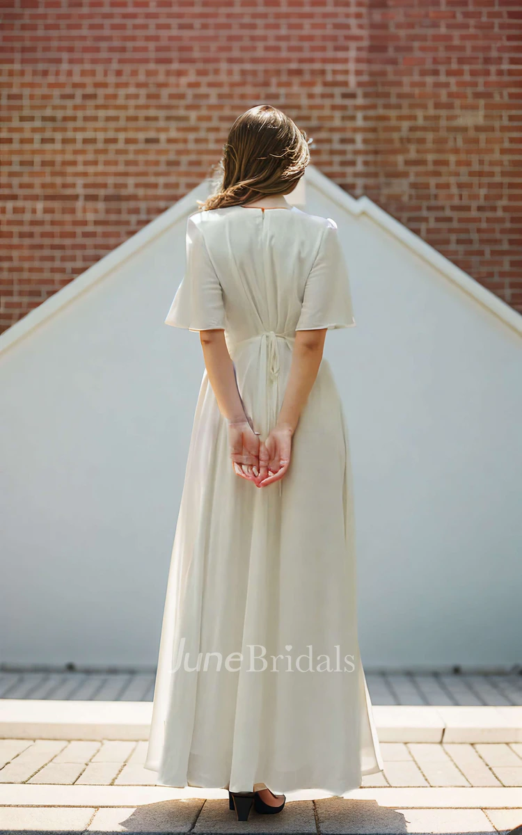 Simple Solid Jewel Neck A-Line Flutter Sleeves Wedding Bride Dress with Sash Reception