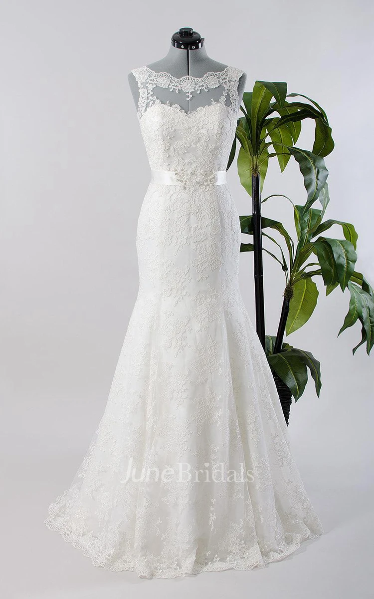 Mermaid Sleeveless Sleeve Tulle Lace Satin Dress With Embroideries